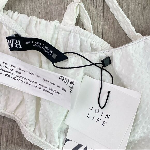 Zara Textured Cotton Linen Blend Smocked Back Crop Top White Large NWT - Picture 12 of 12